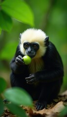 Naklejka premium White headed capuchin foraging in forest undergrowth, leaves, foraging, jungle life
