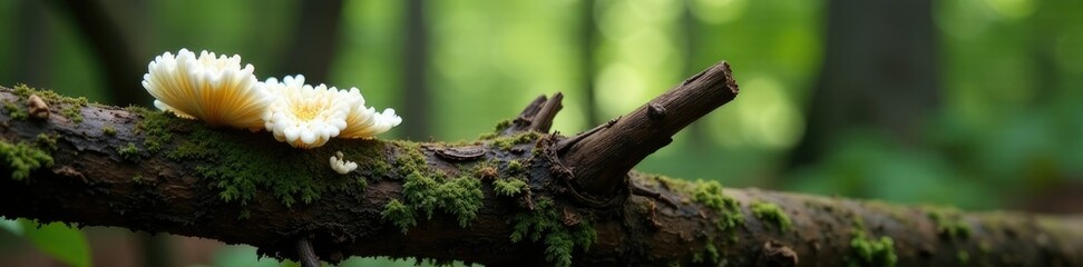 Fototapeta premium White fungal growth on a dead tree branch in the forest, forest floor, mycelium growth