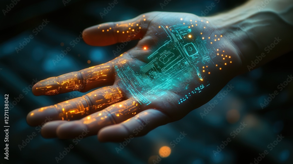 Poster digital wallet implanted in the hand, allowing instant transactions and id verification