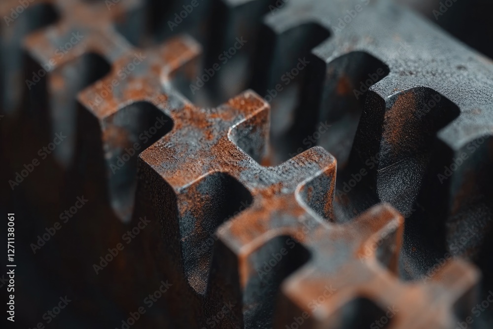 Poster close-up of a rusty, metallic gear mechanism showing intricate detail and texture.