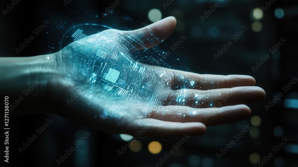 Poster digital wallet implanted in the hand, allowing instant transactions and id verification