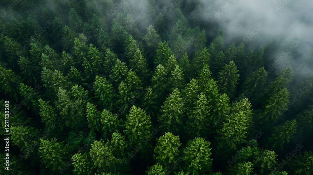 Poster Aerial View of Dense Evergreen Forest Surrounded by Mist and Clouds : Generative AI