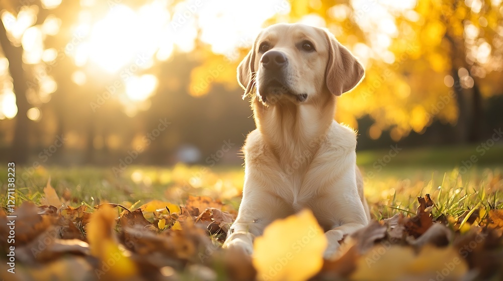 Poster golden lab dog relaxing in autumn leaves with sunlight streaming through trees : generative ai
