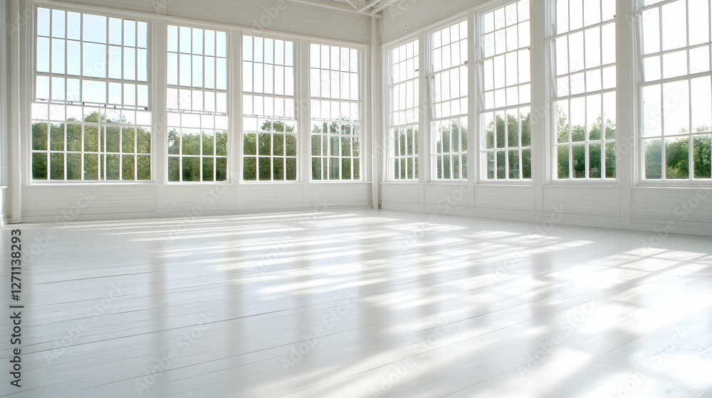 Poster sunny empty white room with large windows and background trees, for showcasing items