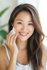 Fototapeta premium Smiling Asian woman applying skincare with a cotton pad