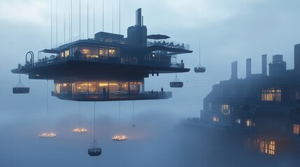 Fototapeta premium flying restaurant where tables float above the city