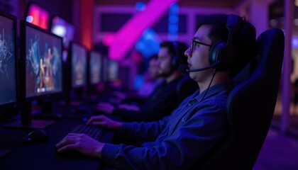 Fototapeta premium Focused Gamer Engaged in Competitive Esports Tournament Setting