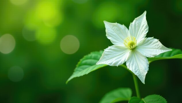 White Clematis flammula flowers on a green stem with leafy foliage, plant leaves, clematis white