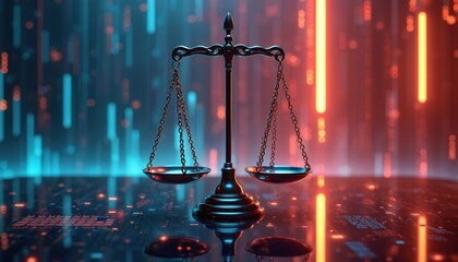 Scales of justice on digital background represent legal tech system. Scales symbolize balance, fairness in justice tech. Cyberspace, network, big data, AI ethics, data protection themes in law,