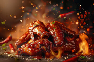 Spicy grilled chicken wings coated in a rich sauce, garnished with herbs, surrounded by fiery sparks and seasonings.