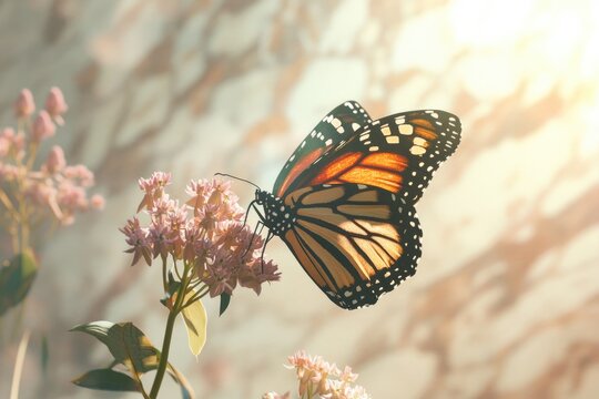 A Monarch butterfly with vibrant orange wings delicately feeds on soft pink flowers in the warm sunlight.