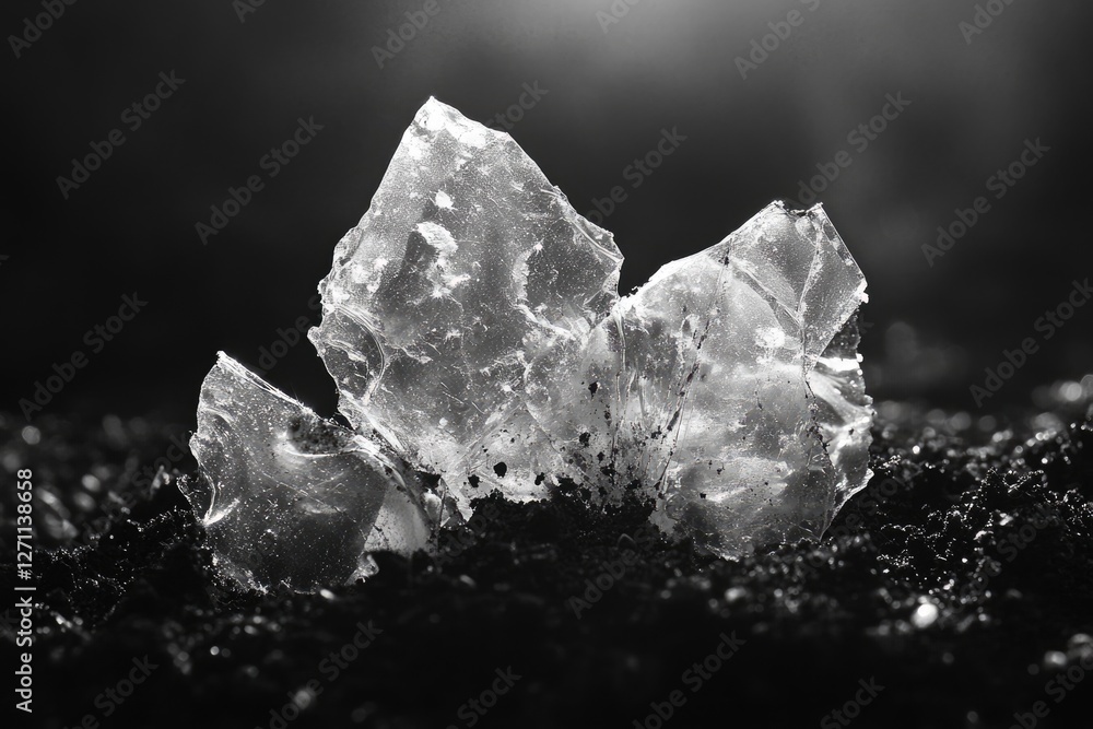 Poster shattered ice shards gleam in the dark, creating an abstract, crystalline structure on the ground.