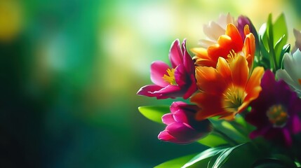 Obraz premium Vibrant springtime banner for International Women's Day and Mother's Day, featuring an assortment of colorful flowers.