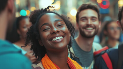 Fototapeta premium Group of cheerful people of different ages and races smiling together outdoors. Concept of diversity, friendship, happiness and positive social connections