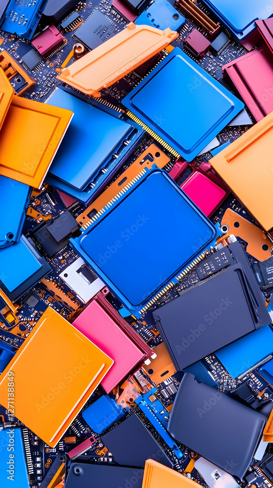 Poster tech hardware colorful circuit boards, components laying flat, it background use