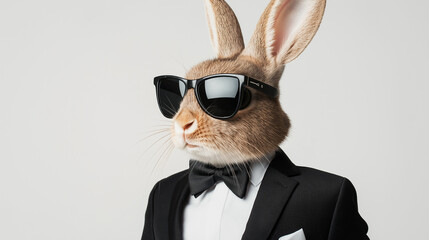 Cool Easter Bunny in Tuxedo and Sunglasses – Stylish Funny Rabbit Isolated on White Background