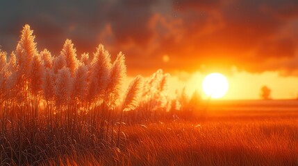Fototapeta premium Sunset over Pampas Grass Field
