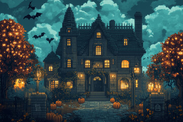 Spooky mansion adorned with blocky pumpkins and illuminated windows under a moonlit sky