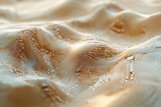 Abstract 3D rendering of a beige wavy surface with circuit-like patterns, illuminated by soft light.