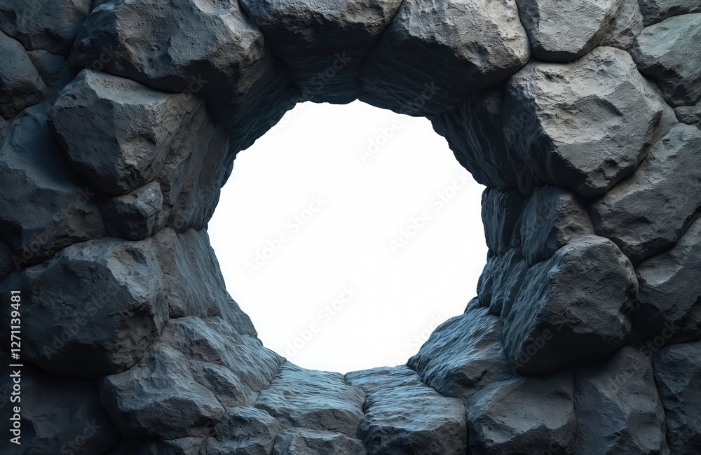 Poster round hole in gray stone background. rough rock texture, seamless block structure. abstract wall wit
