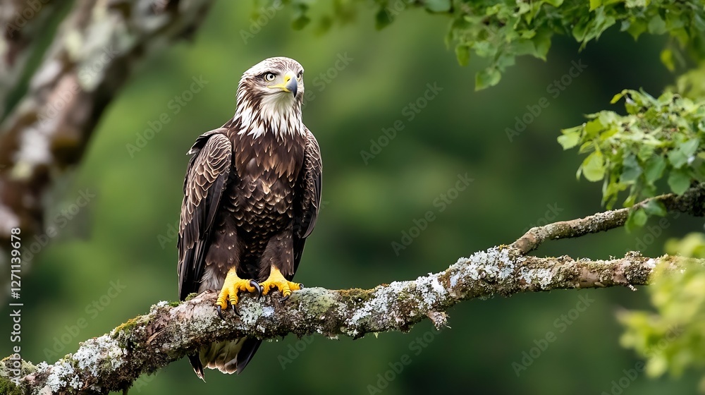 Poster majestic eagle perched on a tree branch surrounded by lush green foliage : generative ai