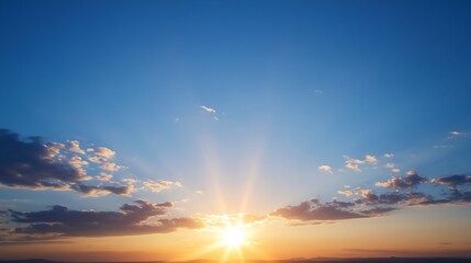 Stunning sunrise with vibrant rays stretching across the blue sky illuminating the horizon in a scenic landscape : Generative AI