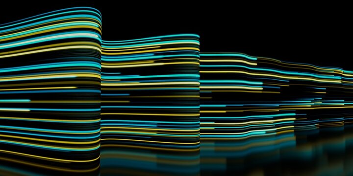 Abstract Flowing yellow blue green Lines on Curved Surfaces, Modern Futuristic Design, 3D Render