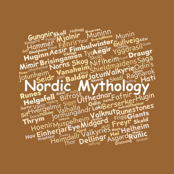 Nordic Mythology Word Cloud. Key Terms and Concepts in Norse Legends
