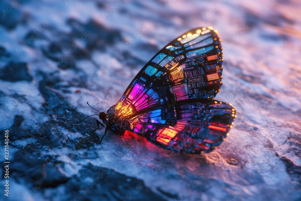 Poster a futuristic butterfly with circuit board wings rests on a textured surface, illuminated by warm lig
