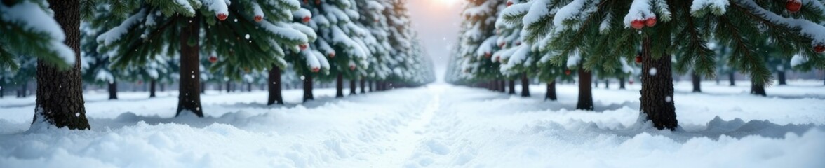 Snowflakes gently falling on the snow-covered grass and trunks of evergreen trees -Snowy Pecan Orchard III, snowfall, winter