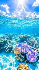 Naklejka premium Underwater corals and sand illuminated by sun. Tropical ocean scenery