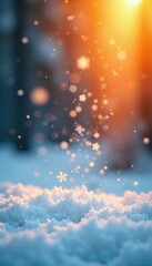 Fototapeta premium Snowflakes gently falling onto an orange-colored snowy ground, frosty, natural, cold