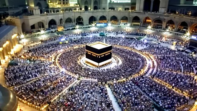 Aerial View of the Holy Kaaba in Masjid al-Haram, Mecca, Saudi Arabia. A breathtaking perspective of Islam's holiest site, showcasing its architectural grandeur and spiritual significance. Perfect for