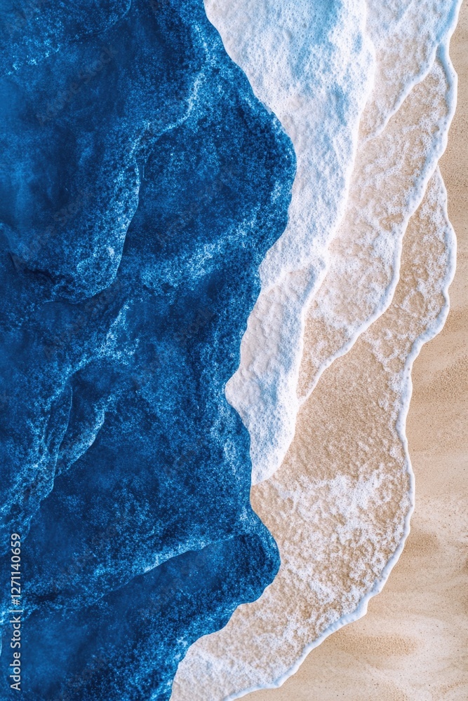 Poster aerial view of a sandy beach with waves crashing against the shore