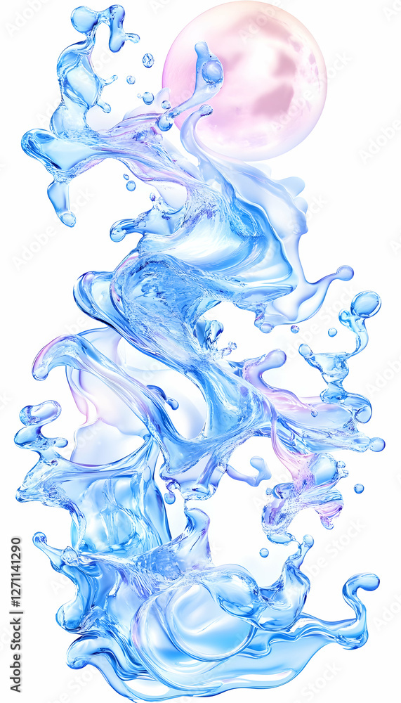 Poster water splash and a pink sphere in a swirl flow isolated for product mock-up