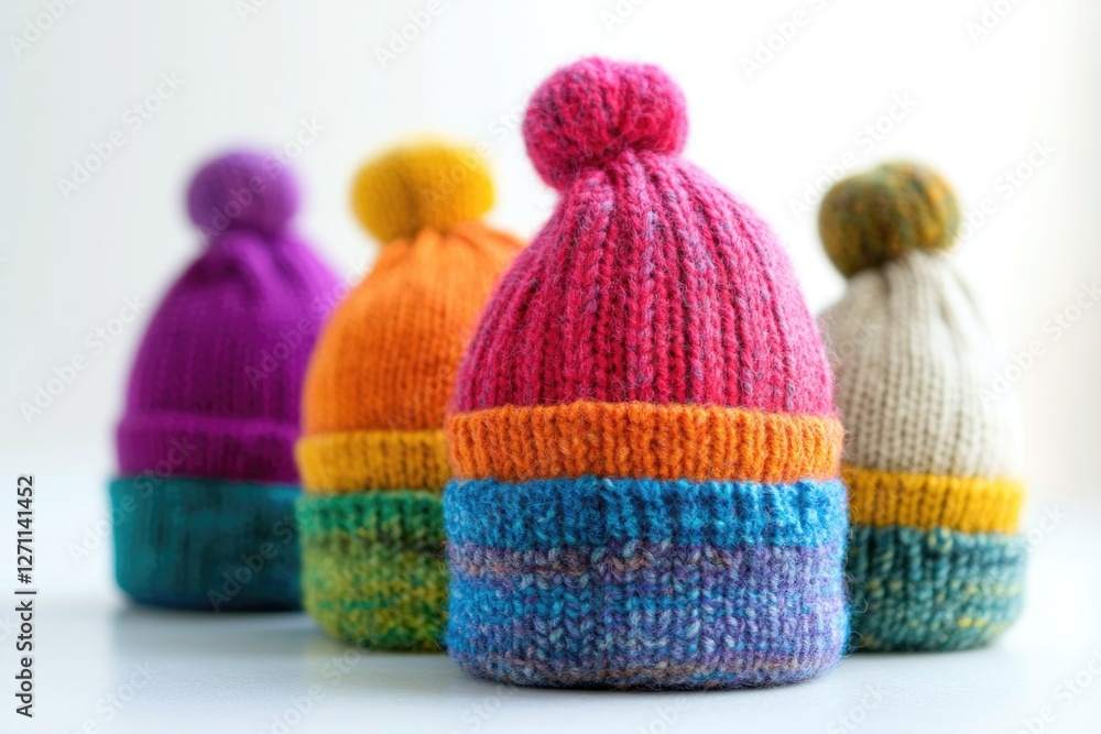 Poster a collection of handmade hats placed neatly on a surface
