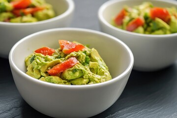 Three bowls of creamy guacamole served with fresh tomatoes on a wooden table