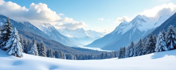 Obraz premium Serene winter landscape with mountains and clouds, winter, snow, peaceful