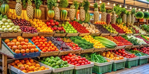 Obraz premium Fresh fruit stand at market, vegetables, fruits