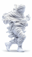 Fototapeta premium White fabric figure runs on plain background. Conceptual art for mystery, speed