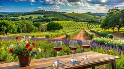 Fototapeta premium Wine tasting in a vineyard with rolling hills and wildflowers, surrounded by lush greenery, in the heart of Texas wine country Fredericksburg , natural beauty, vineyard