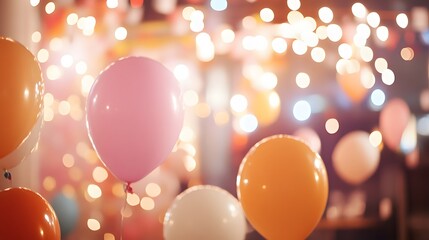 Colorful balloons decorate a festive space with warm lighting for a celebration event