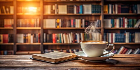 Naklejka premium A cup of steaming hot cappuccino coffee on a wooden table, surrounded by books and papers, with a blurred background of a cozy library , beverage, wooden table