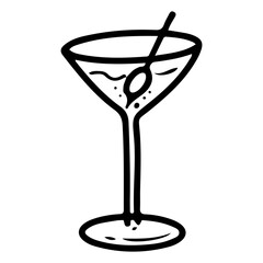 Martini glass with olive. Hand drawn doodle. Alcoholic drink. Party cocktail. Dry wine. Event celebration. Vector line art illustration.