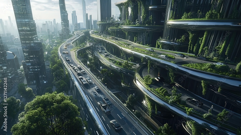 Poster city where roads dynamically change based on traffic flow, reducing congestion to zero.
