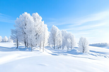 Winter wonderland snow-covered trees on hillside under blue sky. Serene landscape