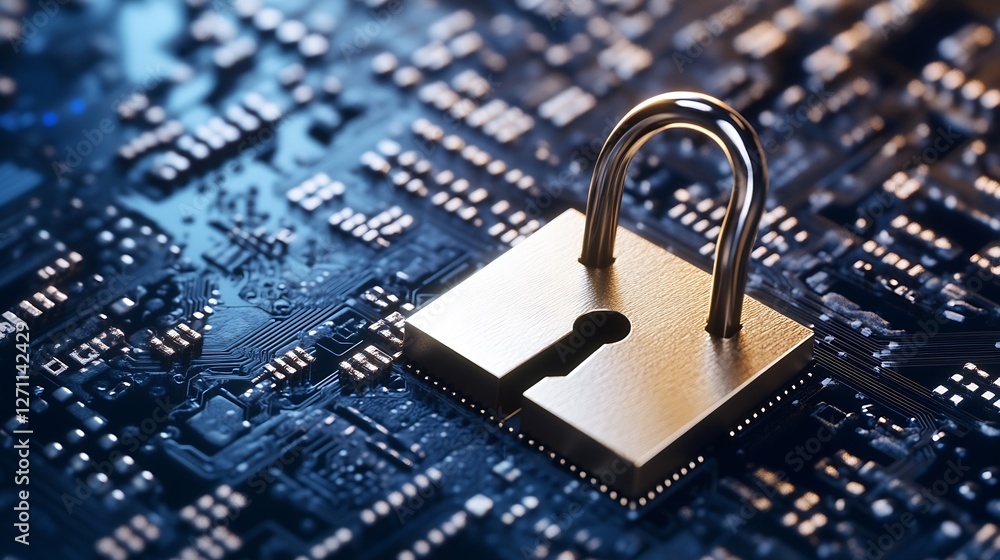 Fototapete Stunning close up view of a golden padlock resting on a circuit board representing digital security and cyber safety : Generative AI