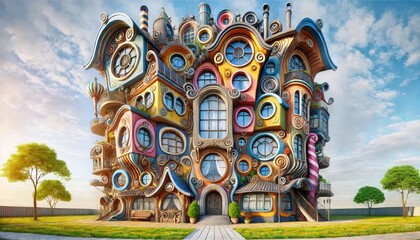 Obraz premium Conceptual image of a whimsical house with many floors and quirky and eccentric elements.