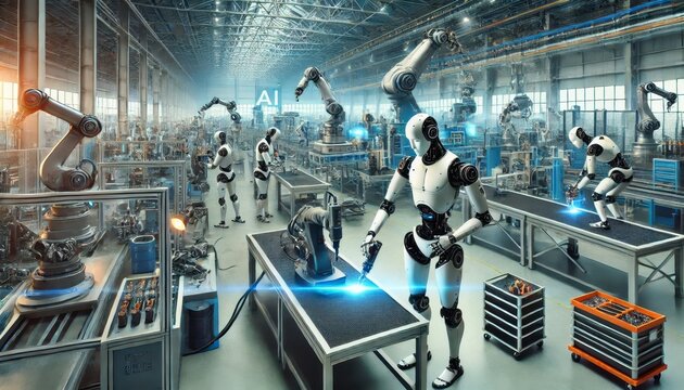An industrial scene illustrating AI humanoid robots as a solution in manufacturing.