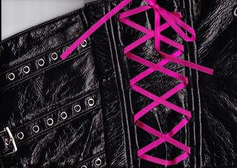 macro female black latex leather corset with pink lacing, texture, fabric, furnishings, close up, gothic clothing
